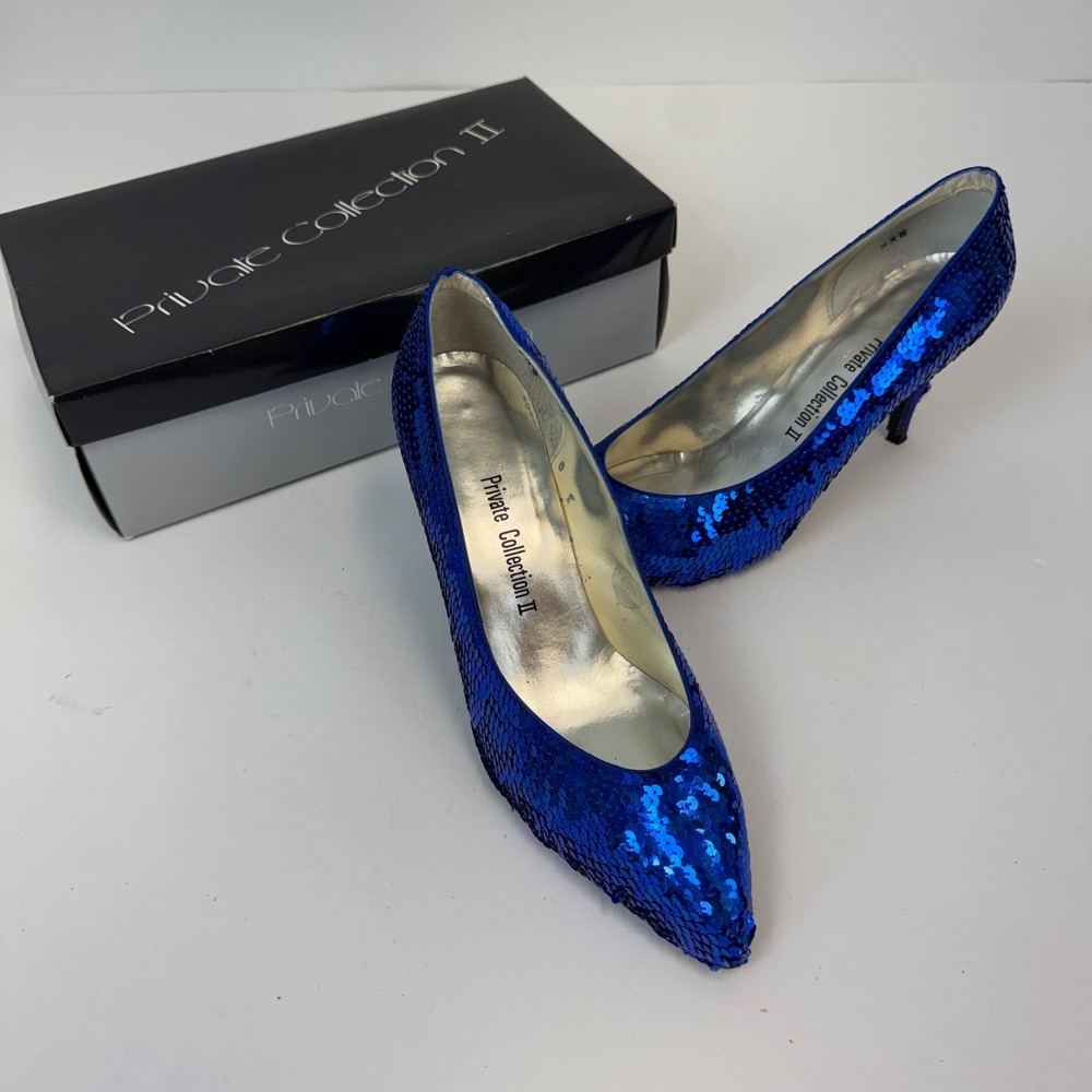 Private Collection II Vintage Royal Blue Sequin Pumps Pointed Toe Heels 9.5B